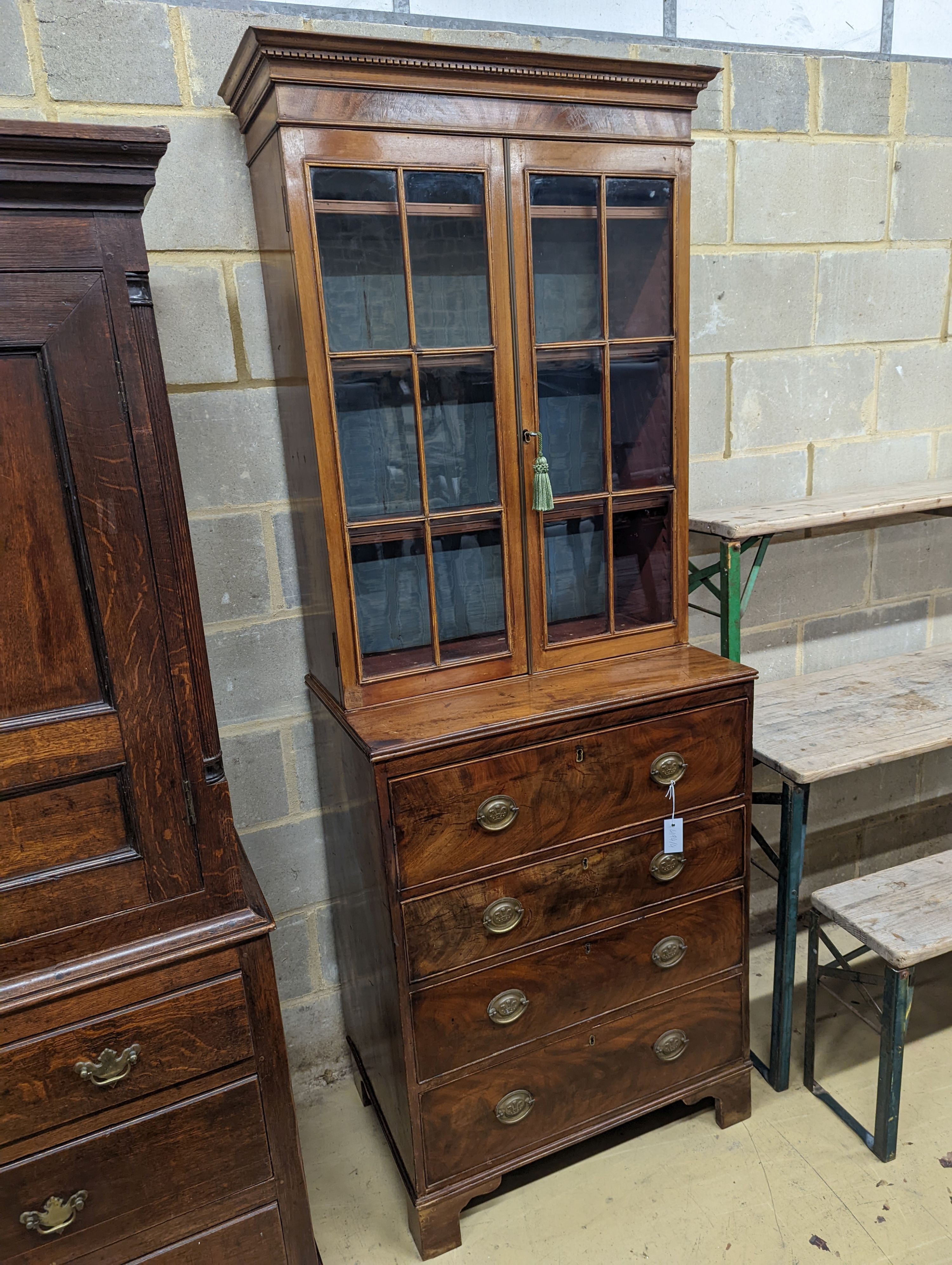 A George IV narrow mahogany secretaire bookcase, width 77cm, depth 48cm, height 207cm